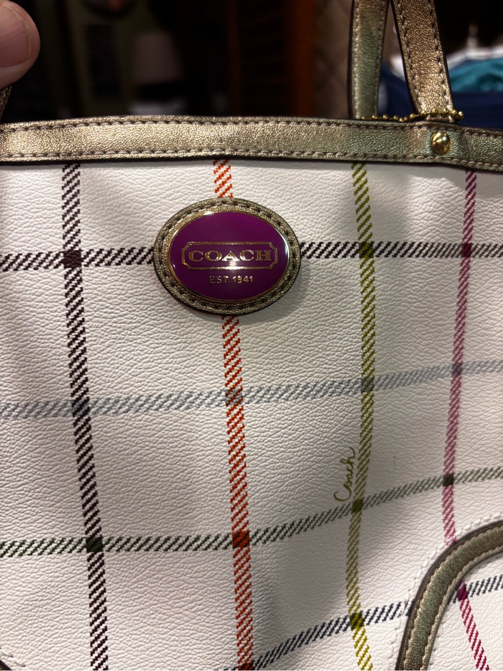 Vintage Y2K Coach White Plaid Tote with Purple Logo and Gold Trim